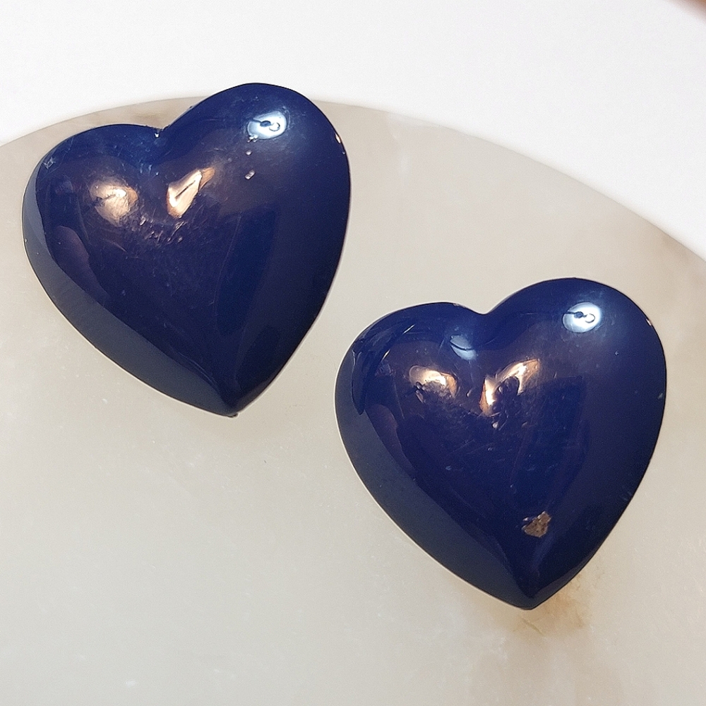 Vintage Navy Puffed Heart Pierced Earrings Blue
